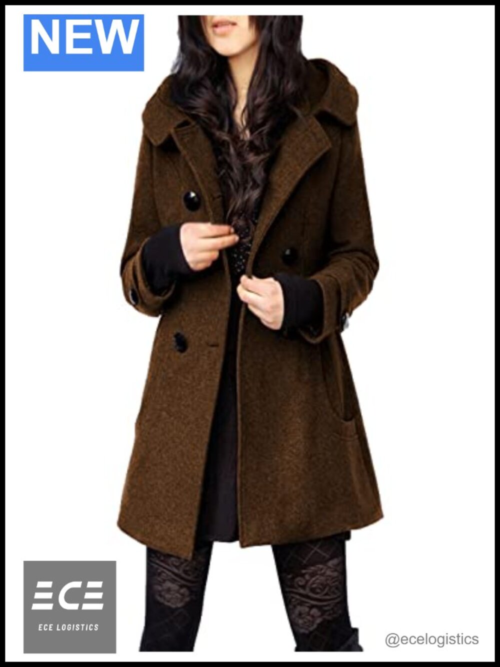 Wool Blend Hooded Peacoat Mid Long Double Breasted Winter Coat